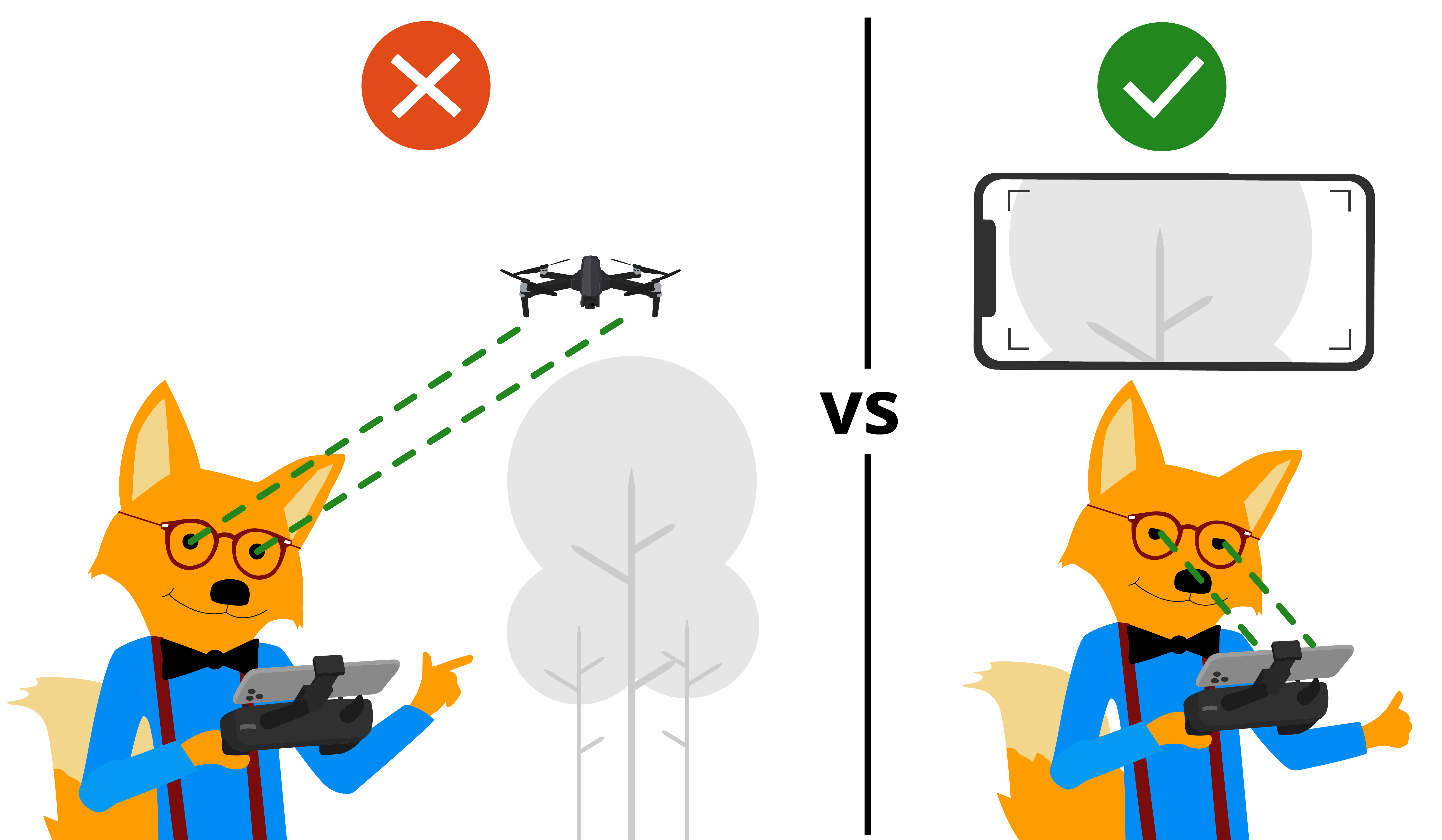 Der Smart-Home-Fox schaut stets auf das Smartphone bevor er die Drohne über ein Hindernis fliegen lässt um die Höhe nicht zu unterschätzen